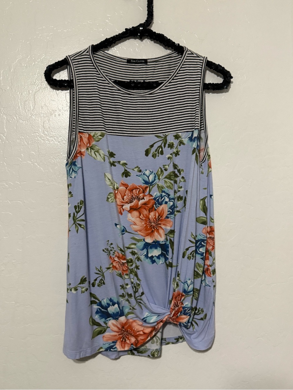 Pink Clover Blue Floral Sleeveless Knot-Front Top